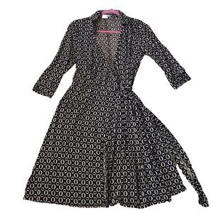Vintage 90s La Belle Dress Womens Large Wrap Brown White Retro 70s Geometric Mod